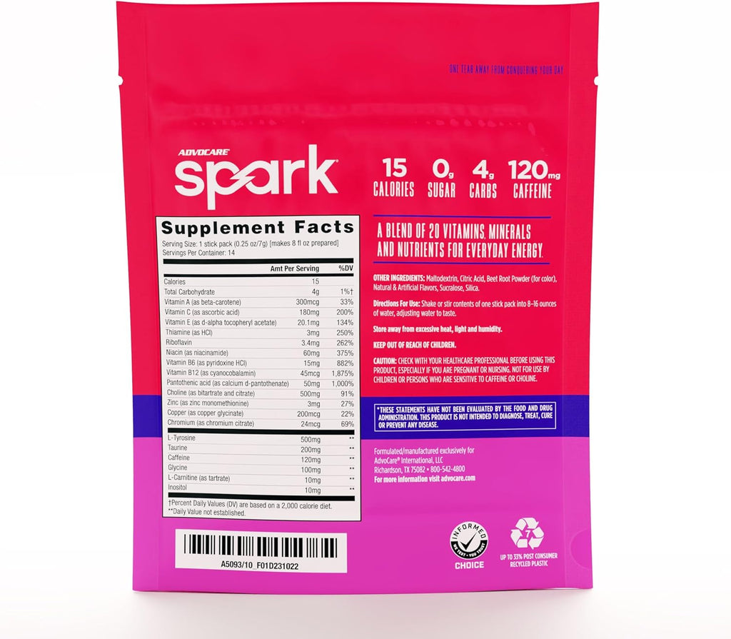 AdvoCare Spark Vitamin & Amino Acid Supplement - Focus & Energy Drink Powder Mix with Vitamin A, B-6, C & E - Also Includes L-Carnitine & L-Tyrosine - Fruit Punch, 14 Stick Packs
