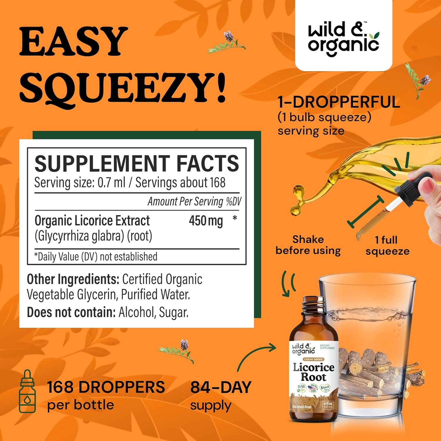 Wild & Organic Licorice Root Tincture - Digestive, Lung & Skin Support - Licorice Root Extract Liquid Drops - Vegan, Sugar & Alcohol-Free Supplement - 4 fl oz