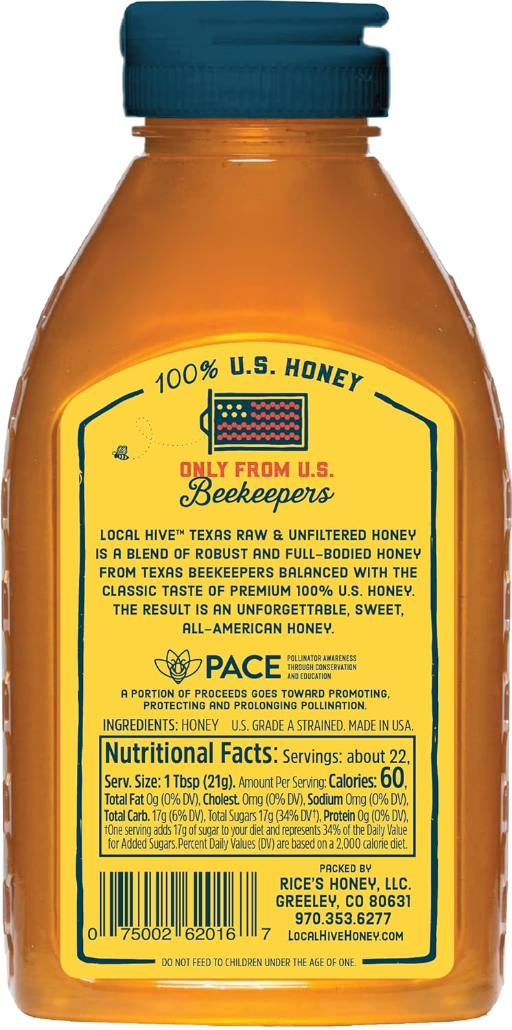 Local Hive Texas Raw & Unfiltered – 16 oz | 100% Pure U.S. Honey | Natural Sweetener Sourced from American Bees & Beekeepers | Robust Full-Bodied Flavor | Ideal for Tea, Baking & Cooking