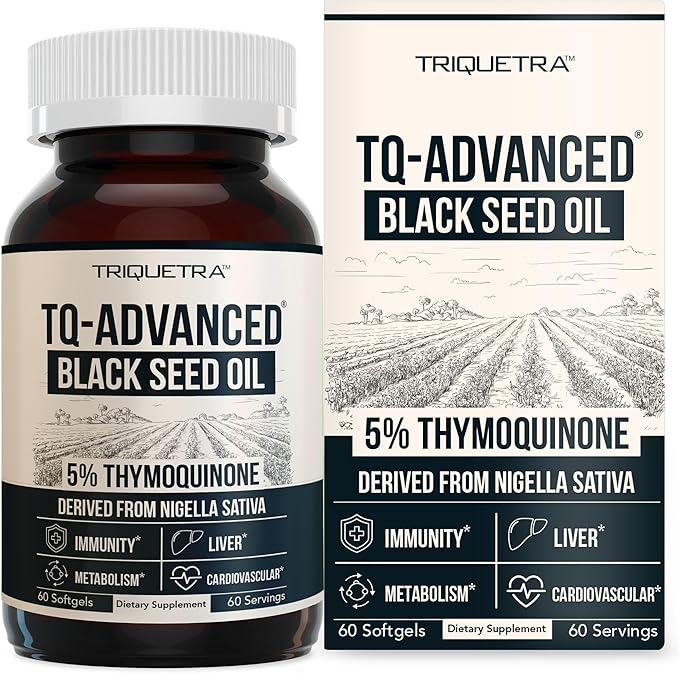 Black Seed Oil Softgels | 5% Thymoquinone - TQ-Advanced® | High Potency - 500 mg per Capsule - 15:1 Concentrate from Nigella Sativa Extract, Raw Form, Vegan Formula, Glass Bottle (60 Softgels)