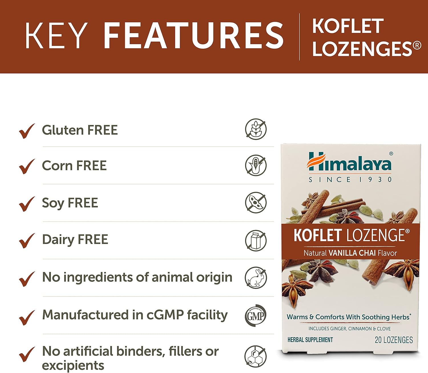 Himalaya Koflet Lozenges, Vanilla Chai Flavor, Natural Herbal Cough Drop for Warming Relief and Soothing Comfort, 130 mg, 20 Lozenge