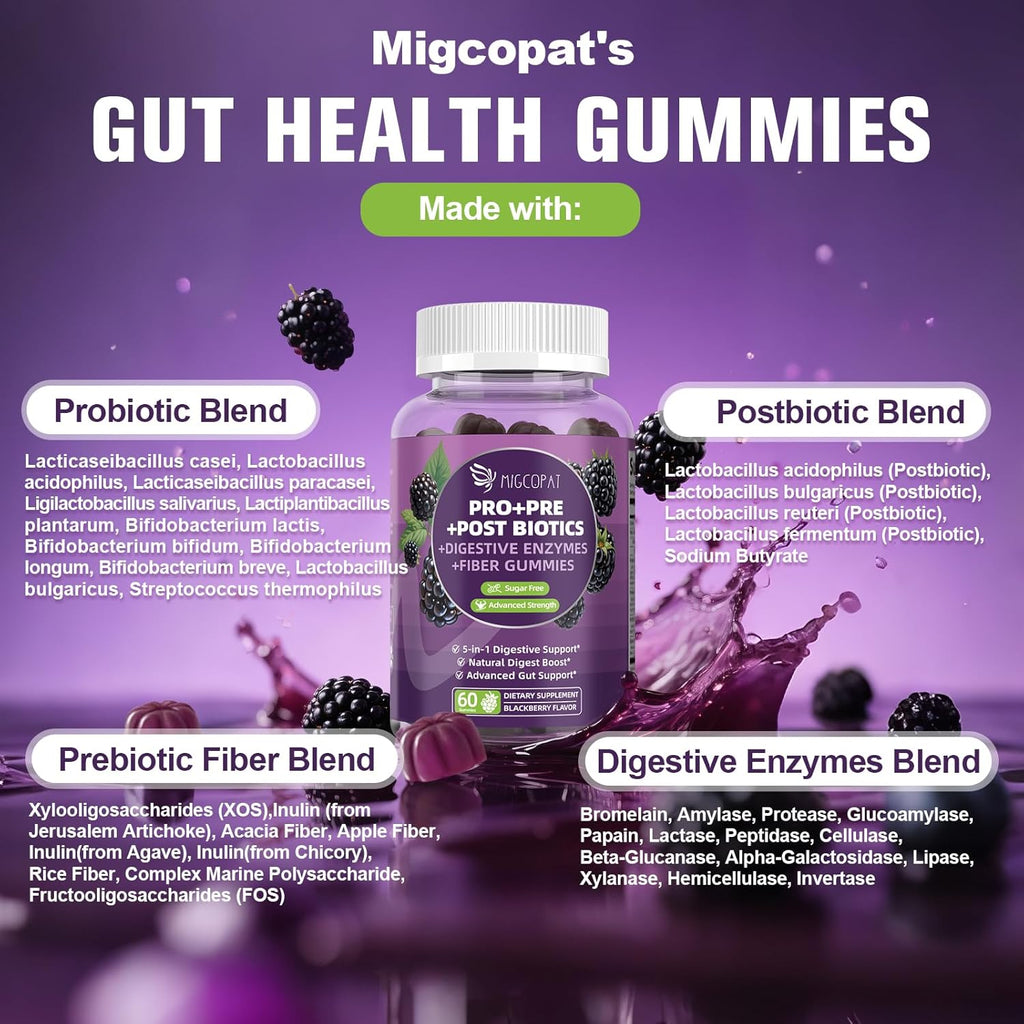 Pre Post Probiotics Gummies, 5 in 1 Probiotic Prebiotic Postbiotic Digestive Enzymes with Fiber, 120 Billion CFU Probiotics Complete Gut Support, Sugar Free, Vegan, BlackBerry Flavor, 60 Cts