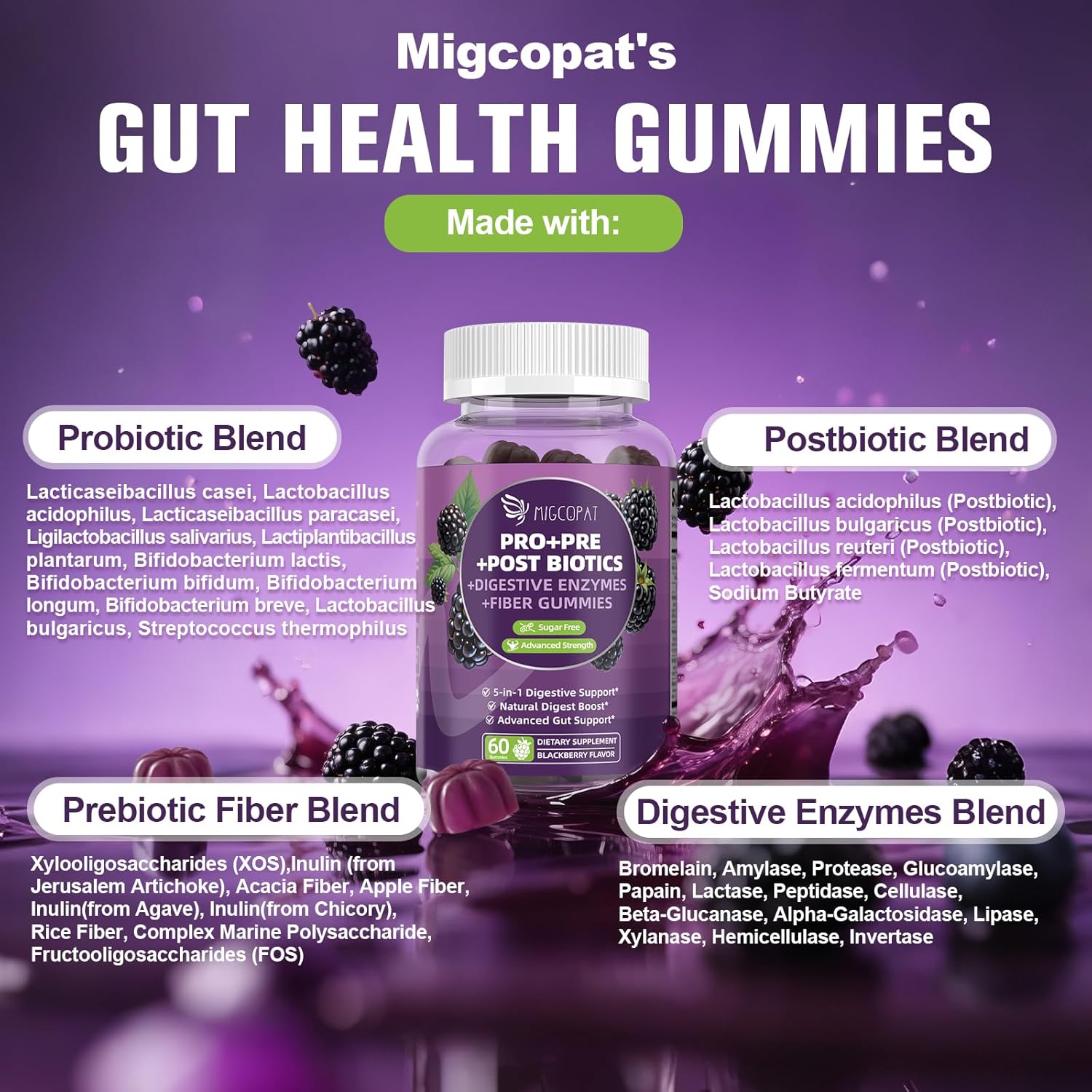Pre Post Probiotics Gummies, 5 in 1 Probiotic Prebiotic Postbiotic Digestive Enzymes with Fiber, 120 Billion CFU Probiotics Complete Gut Support, Sugar Free, Vegan, BlackBerry Flavor, 60 Cts