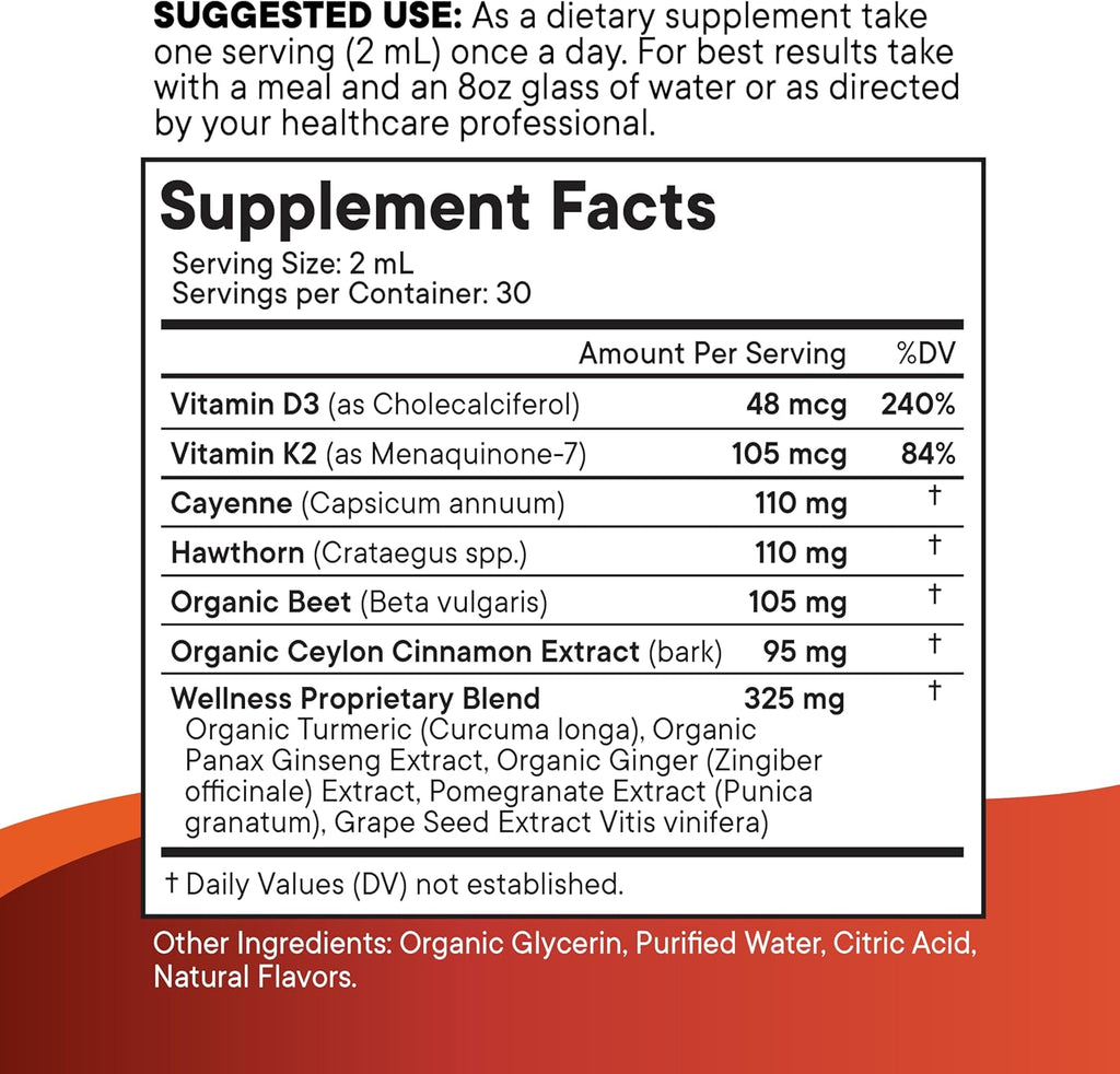 Cayenne Pepper Supplement Liquid Drops + Hawthorn Berry, Vitamin D3 K2 Beet Root Powder, Ceylon Cinnamon, Turmeric Curcumin, Organic Panax Ginseng - 4oz
