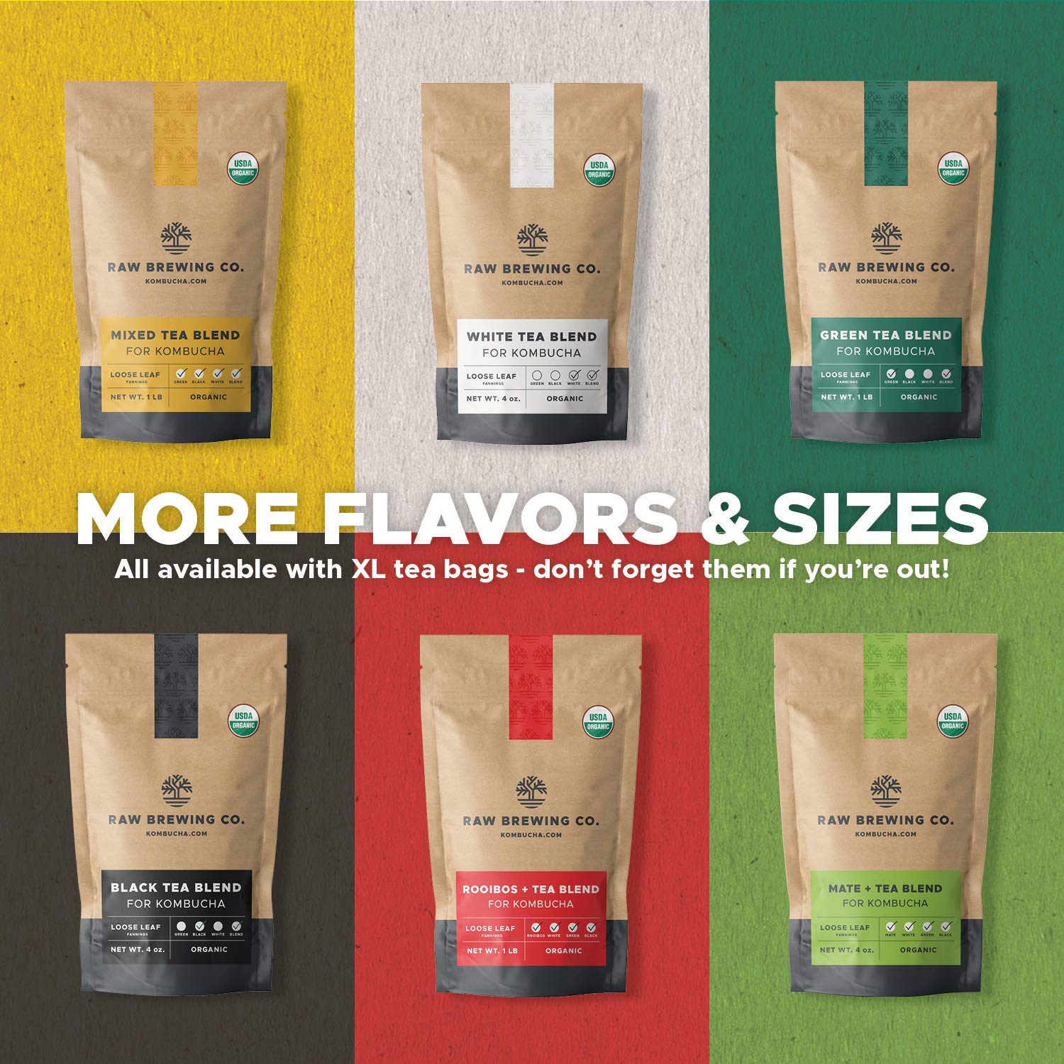 Kombucha.com Certified Organic Loose Leaf Rooibos & Tea - Kombucha Brewing Blends (Rooibos/Black/Green/White Tea Blend, 1 Pound + 100 XL FILTER BAGS) - 30% Rooibos 70% Tea
