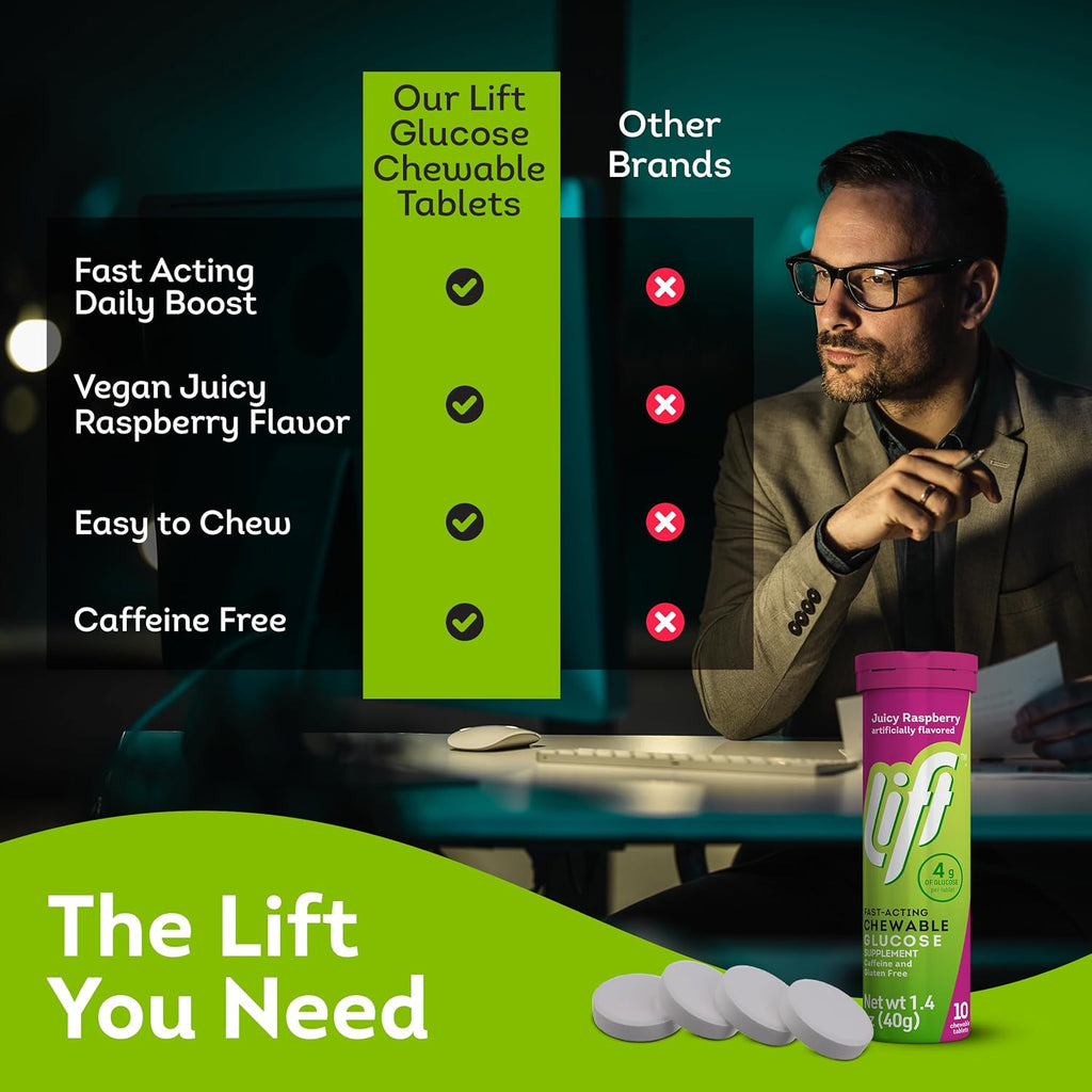 Lift Glucose Fast-Acting Glucose Chewable Energy Tablets, Raspberry, 10 ct Tube (Pack of 12)