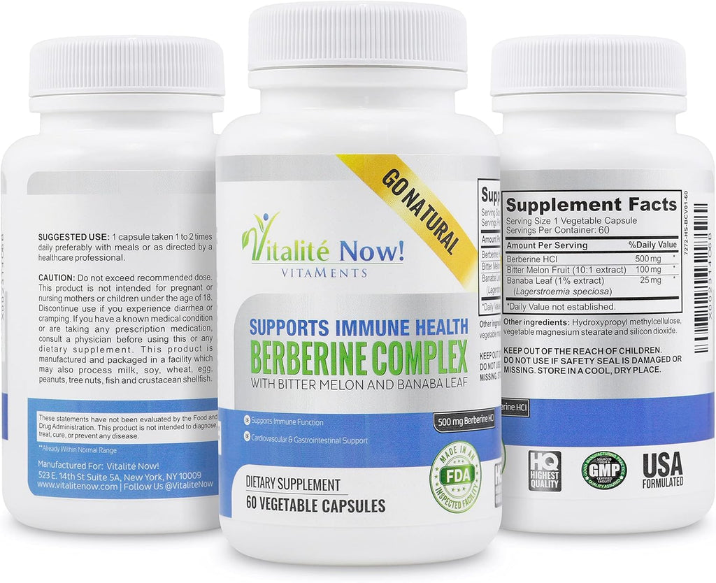 High Strength Berberine 500mg + Bitter Melon & Banaba - Immune System Health - Cardiovascular & Gastrointestinal Support - 60 Vegetarian Capsules