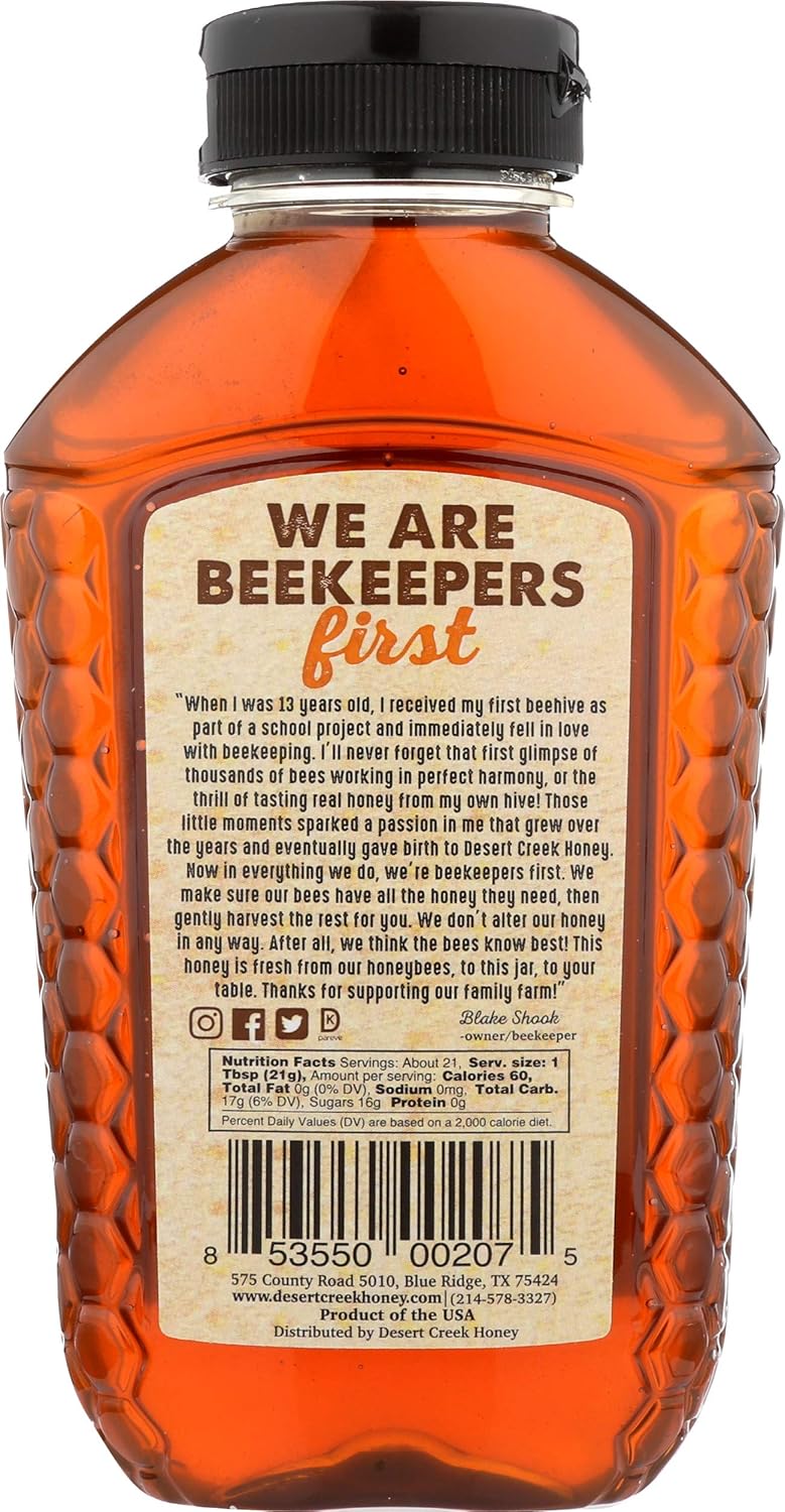 Desert Creek Honey - 100% Unfiltered, Pure, Raw Honey from Texas - Natural Sugar Substitute - One Pound of Unprocessed, Unpasteurized American Honey - Harvested by Our Own Beekeepers