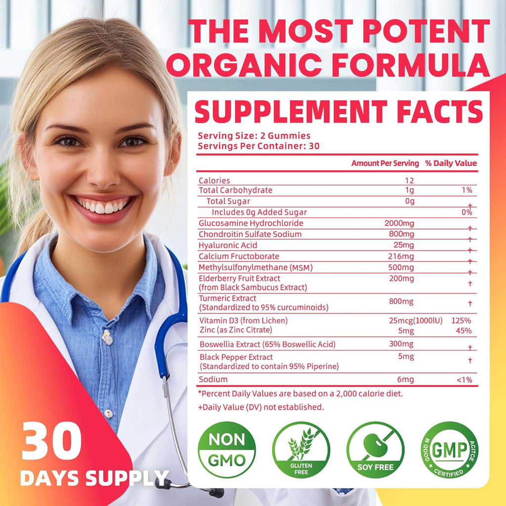 Glucosamine Chondroitin Gummies with MSM & Elderberry Extra Strength - Joint Support, Antioxidant Immune Support Supplement for Adults, Men & Women.Strawberry-2pack