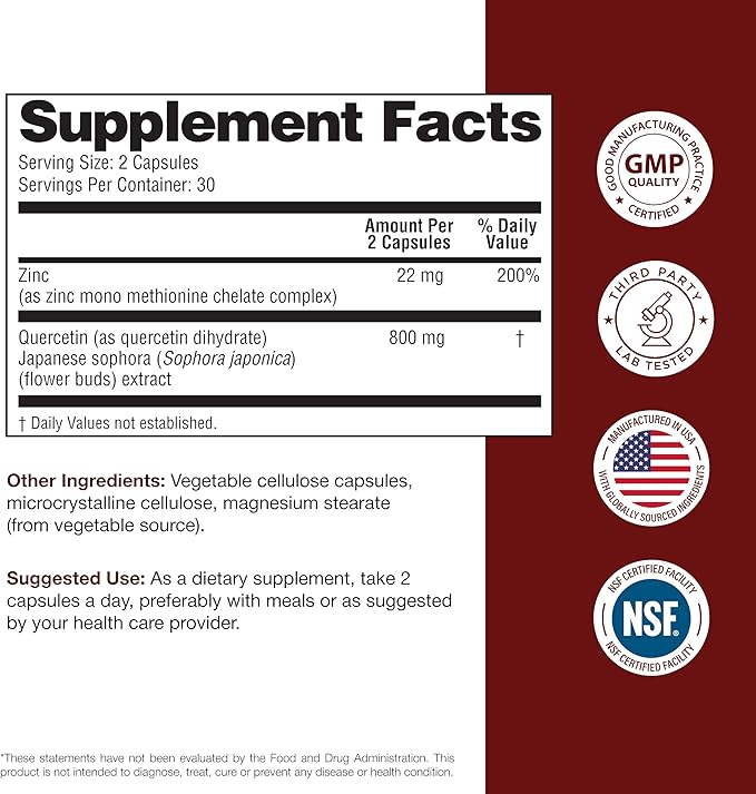 Sandhu's Zinc Quercetin 60 Vegetarian Capsules (Pack of 1) | High Absorption Zink Supplements for Immunity and Seasonal Allergy | Antioxidant Immune Support for Men and Women | Easy to Swallow