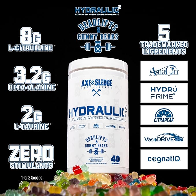Axe & Sledge Hydraulic Stim-Free Pre-Workout Powder for Men & Women | Performance, Stamina, Focus, Pumps | L-Citrulline, Beta Alanine, Creatine, Caffeine-Free, Deadlifts & Gummy Bears