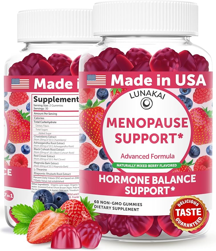 LUNAKAI USA Made Menopause Relief Gummies – Natural Menopause Supplements for Women with Black Cohosh & L-Theanine – Daily Support for Hot Flashes, Night Sweats & Hormonal Balance, 60ct