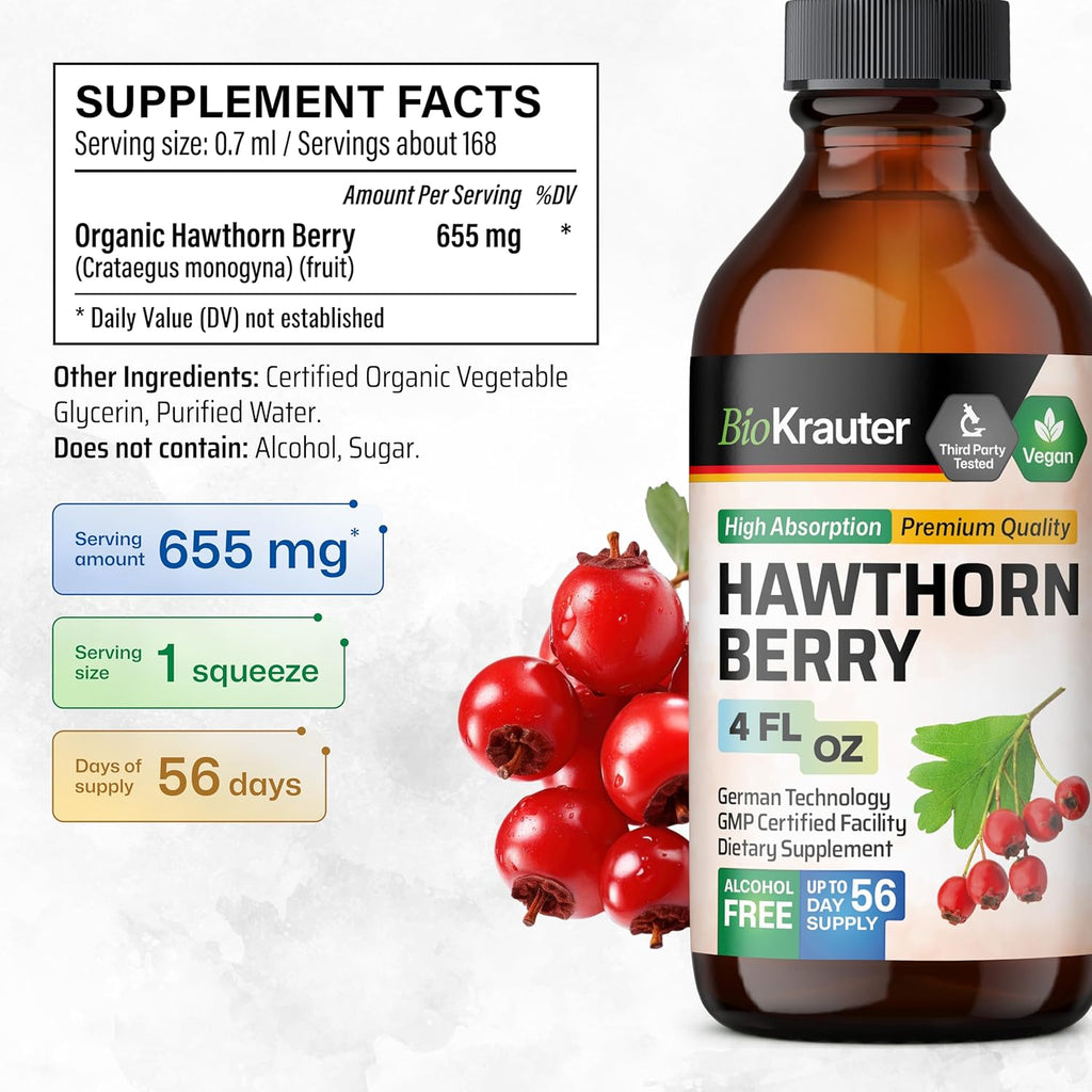 BIO KRAUTER® Hawthorne Berry Supplement - Pure Vegan Hawthorn Berry Liquid Drops 655 mg per Serving 4 Fl.Oz 56 Days of Supply - Used for Overall Support & Daily Wellness - Alcohol & Sugar Free