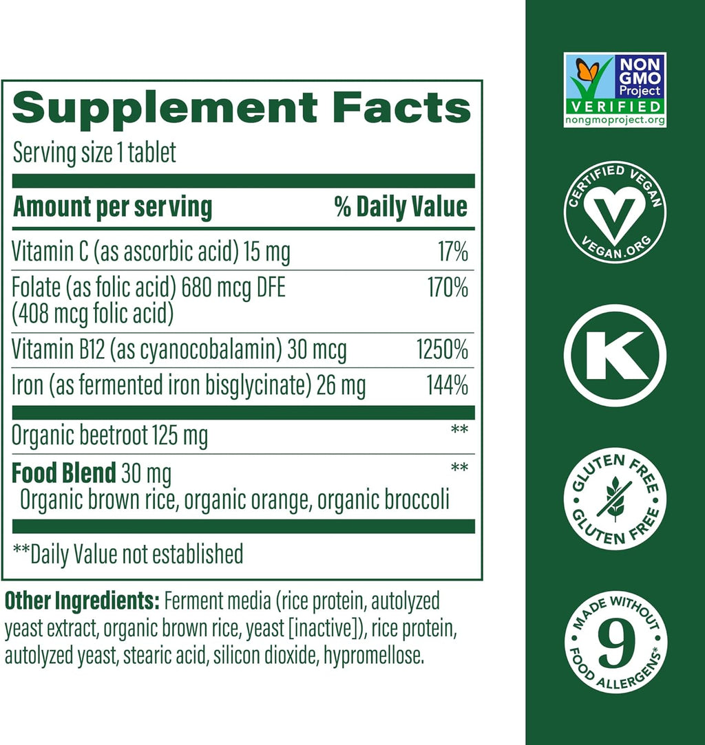 MegaFood Blood Builder Iron Supplement Clinically Shown to Increase Iron Levels Without Side Effects, Vegan Supplement For Women with Vitamin C, Vitamin B12 & Folic Acid, 180 Tablets