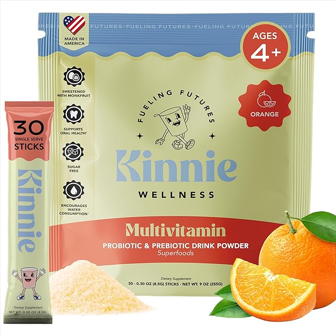 Kids Multivitamin with Pre/Probiotic & Organic Superfoods for Kids - 22+ Vitamins & Minerals - Sugar-Free Orange Flavor - Immune, Gut & Oral Health Support - Ages 4+ (30 Sticks)