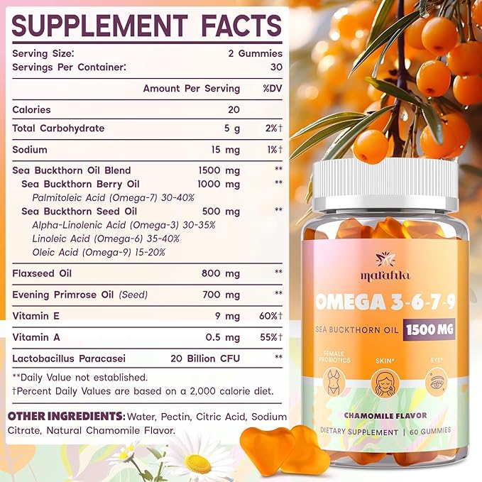 Omega-7 Sea Buckthorn Oil Gummies, Omega 3 6 7 9 Supplement for Women, Flaxseed Oil, Vitamins E, A & Probiotics - Skin, Eye & Dryness, Chamomile Flavor - 120 Gummies