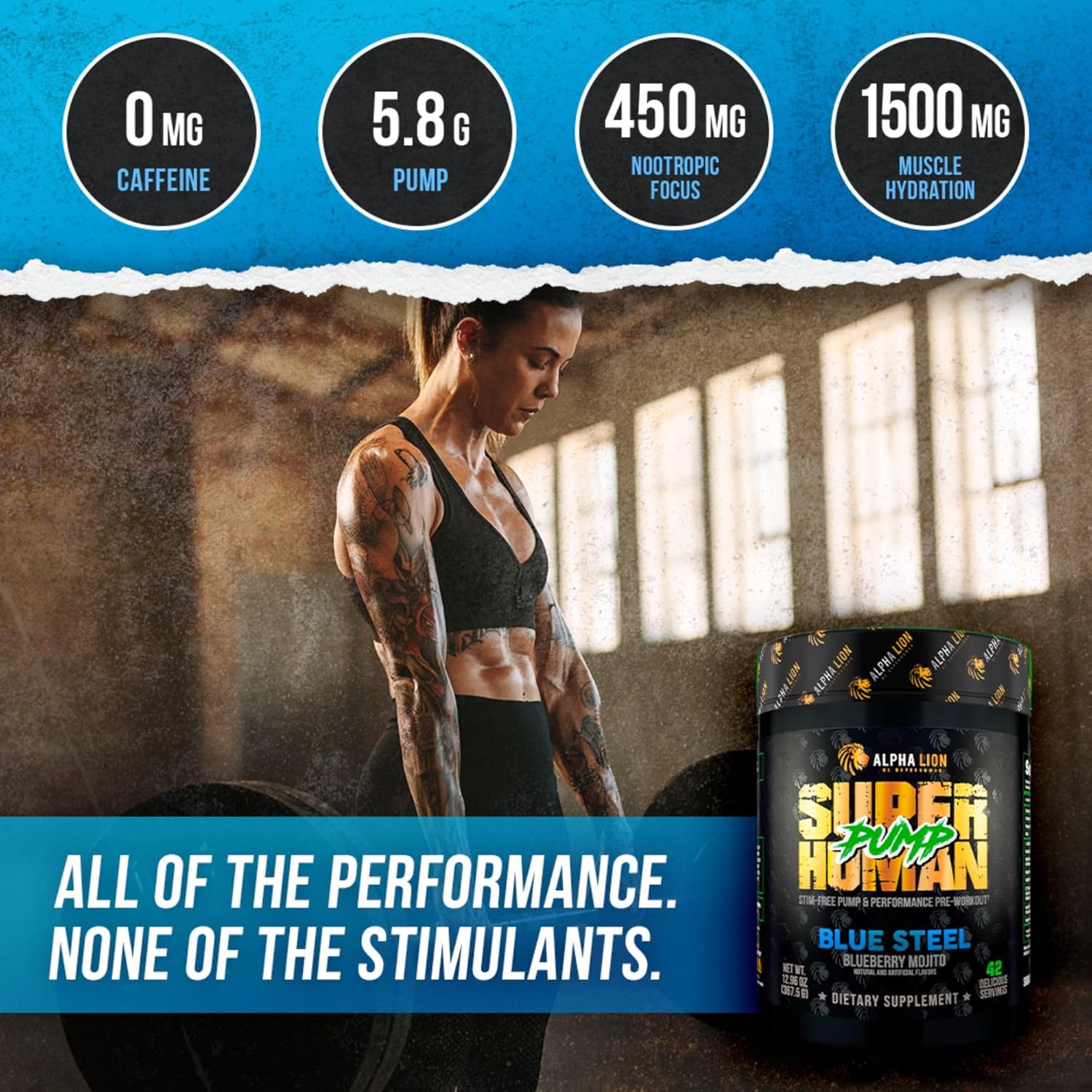 ALPHA LION Superhuman Pump Pre Workout Powder, Nootropic Caffeine & Stim Free Preworkout Supplement, Nitric Oxide Booster, Muscle Gainer, Energy & Focus (42 Servings, Blueberry Steel Flavor)