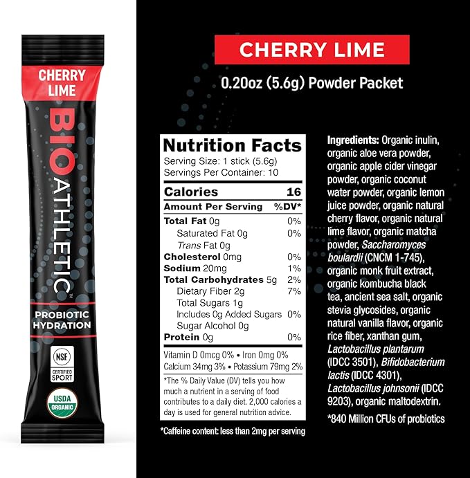 Probiotic + Electrolyte Hydration Drink Mix, with Vitamins D & B12, USDA Organic, NSF Certified for Sport, Subtle Cherry Lime Flavor, Naturally Light Taste, 10 Sticks