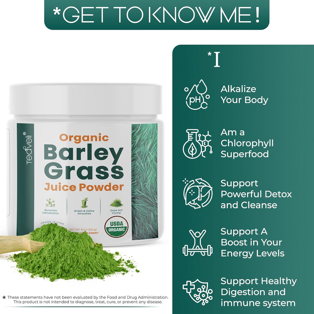Organic Barley Grass Juice Powder– Raw, Utah Grown Barley Grass Juice Extract for Detox- Complements Wheatgrass Juice- Made in USA Without Gluten, Additives or Preservatives- 8 oz (226 Grams)