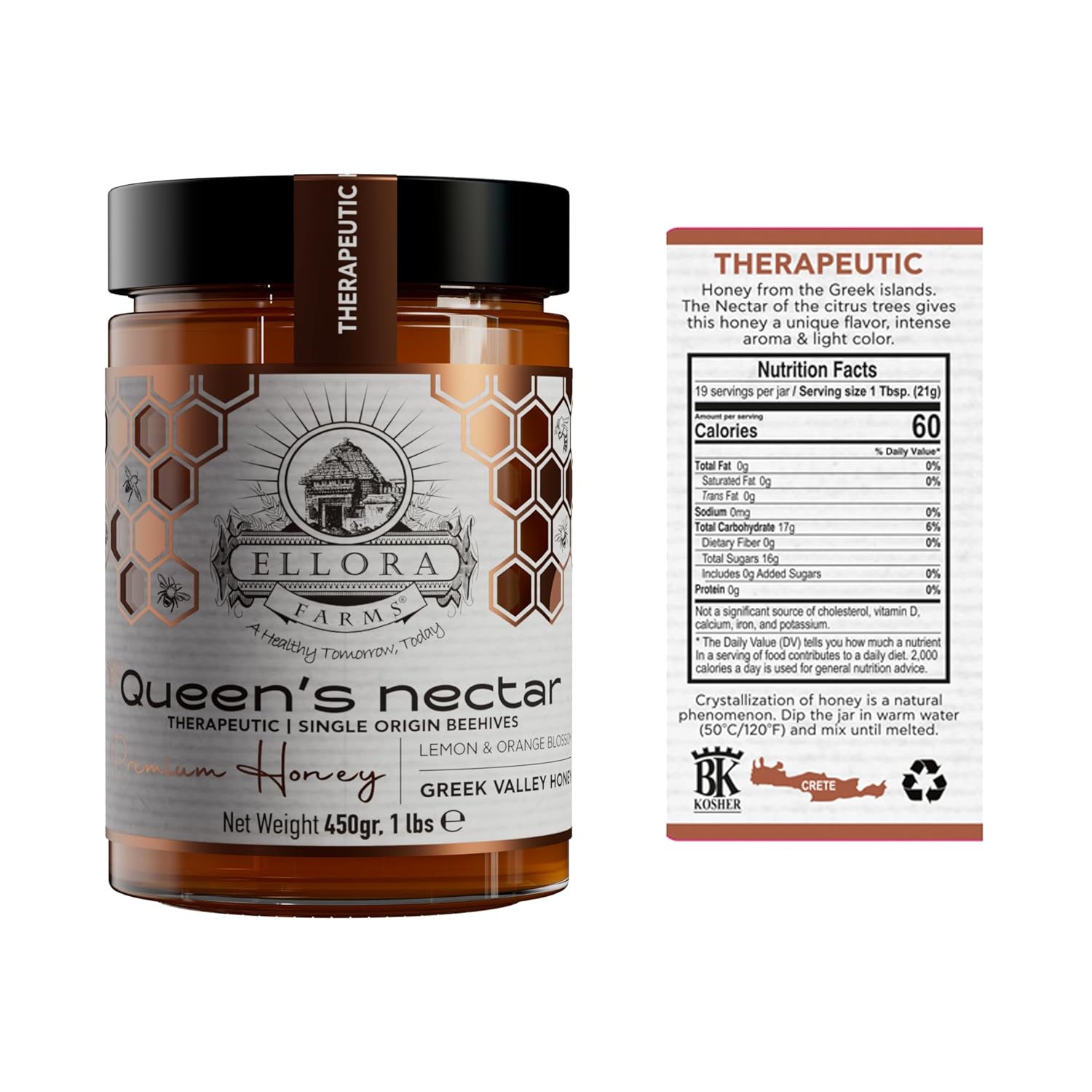 Ellora Farms Greek Honey, Lemon & Orange Blossom Raw Honey Unfiltered, 2025 Paris Platinum Award, Non-GMO and Unpasteurized, Gift Pack with Dipper - 450 g