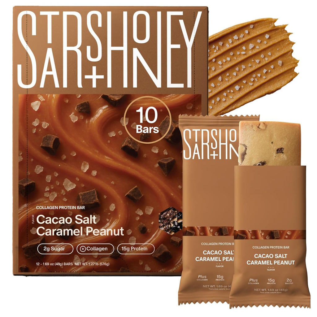 Stars + Honey Protein Bars- Cacao Salt Caramel Peanut,15g Protein, 2g Sugar, w/ Collagen Keto Friendly Snack - Gluten, Dairy, & Soy Free - High-Protein Snacks for Energy & Recovery-10 pack