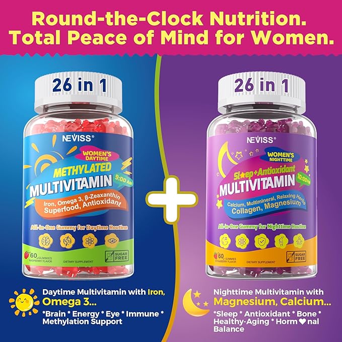 NEVISS 52-in-1 Methylated Multivitamin for Women Gummies with Iron, Omega-3, B6 B9 B12 for Day | Magnesium Glycinate, Calcium, Collagen for Night Renewal/Sleep, Womens 18 30 40 50 60 70+ AM PM Daily