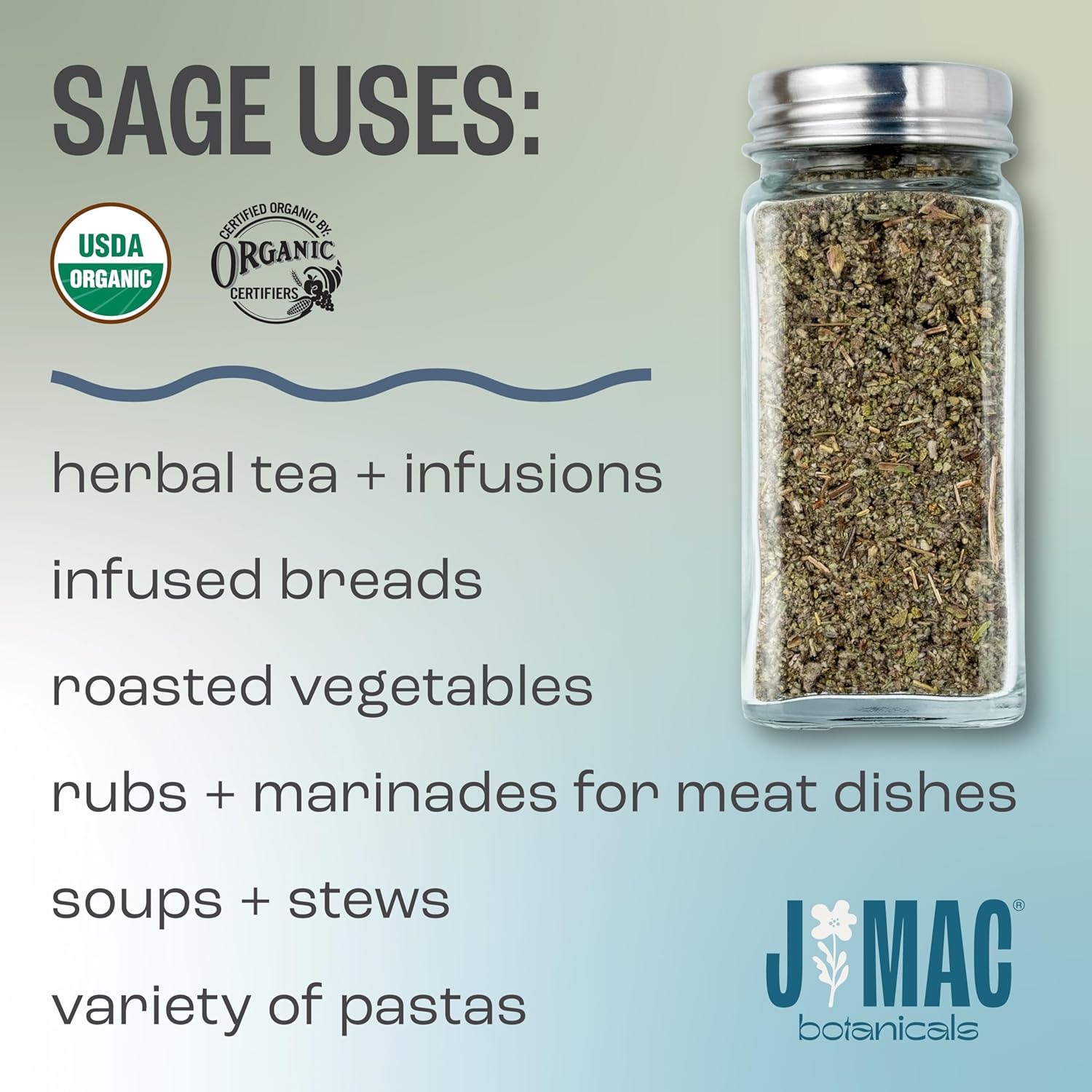 J Mac Botanicals, Organic Rubbed Sage (8 oz), Certified USDA Organic, Dried Rubbed Sage Leaf. Culinary Grade-excellent for sausage making, fresh Albanian harvest (Pack of 2)