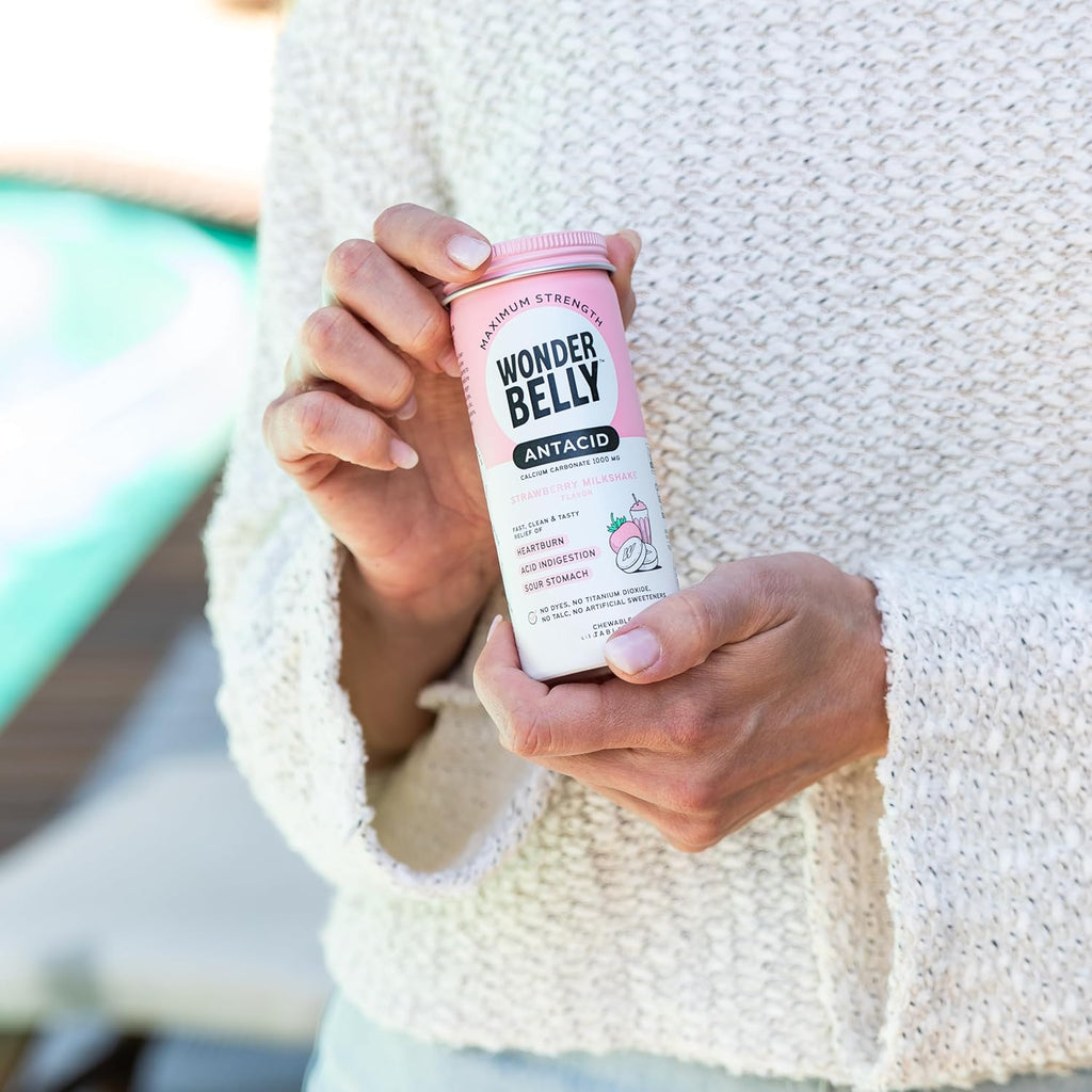 Wonderbelly Antacid Effective Heartburn and Instant Acid Indigestion Relief Extra Strength Chewable Tablets 1000 mg Calcium Carbonate No Talc or Dye Strawberry Milkshake 50 count
