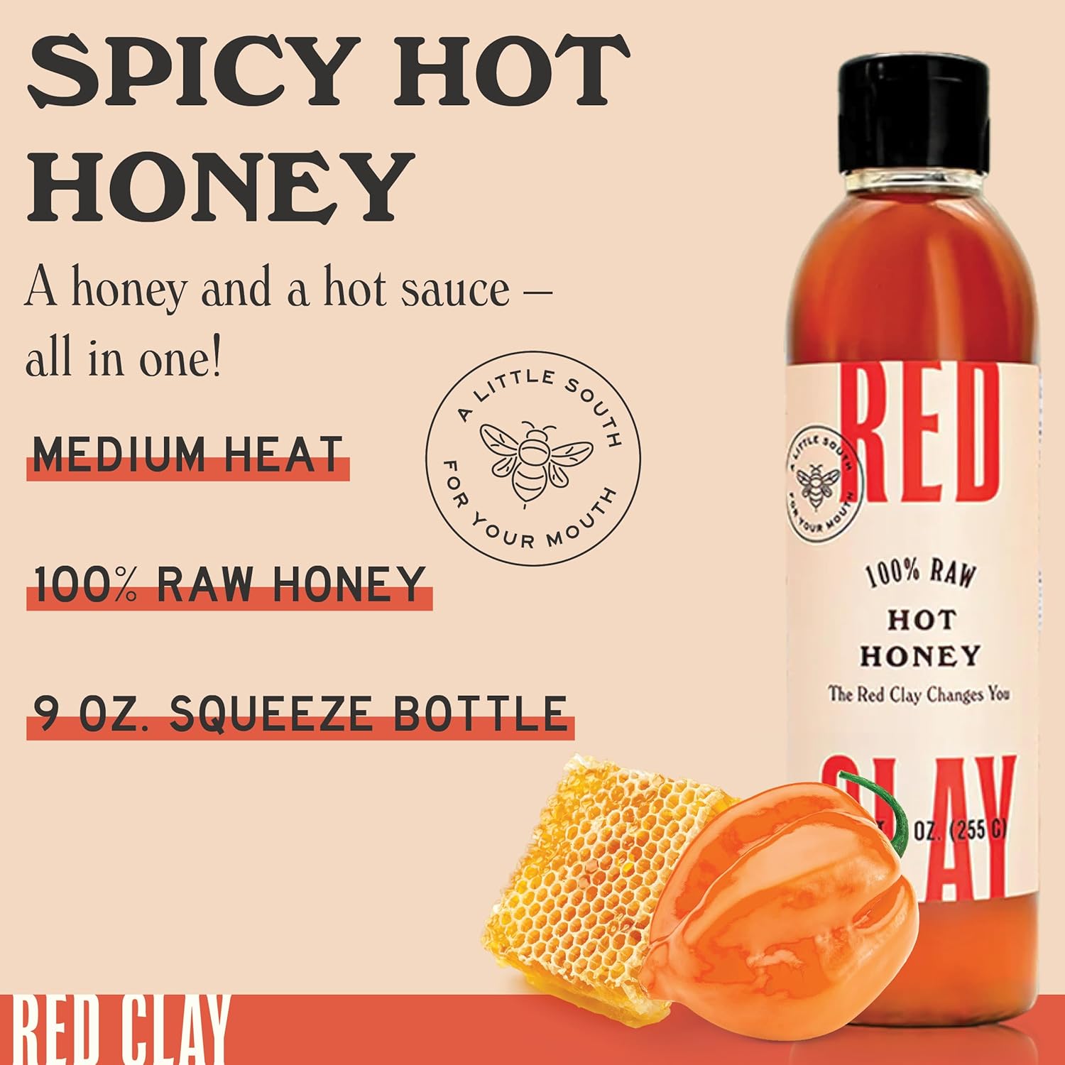 Red Clay Hot Honey - Gluten Free - Paleo Spicy Honey - 100% Pure, Raw Wildflower Honey - Infused Honey with Habanero Peppers - Sweet with a Kick of Heat - Great for Spicy Pizza Topping & More - 9 oz
