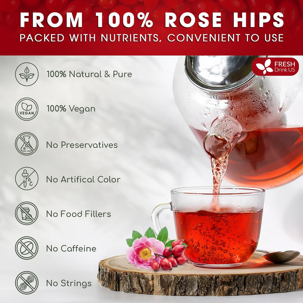 FreshDrinkUS, Premium 30 Rosehip Tea Bags, 100% Natural & Pure from Rose Hip Fruits. Loose Rosehip Herbal Tea. Made with Natural Material Tea Bags. No Sugar, No Caffeine, No Gluten, Vegan.
