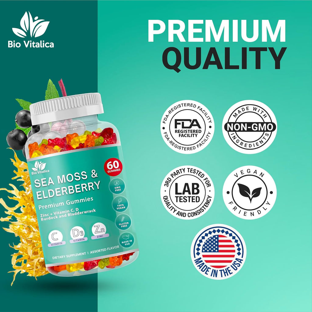 BIO VITALICA Sea Moss Gummies Elderberry BioVitalica - Vitamin C D + Zinc - Irish Seamoss Vegan Gummy with Sea Moss Gel & Powder for Immunity, Detox - for Adults and Kids (6Packs)