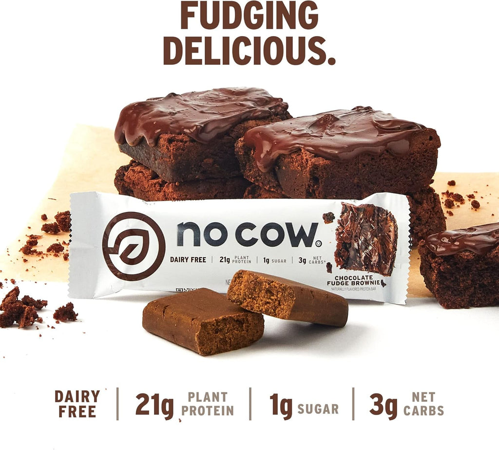 No Cow High Protein Bars, Chocolate Fudge Brownie - Healthy Snacks, 20g Vegan Protein, High Fiber, Low Sugar, Keto Friendly, Dairy & Gluten Free (12 Count)