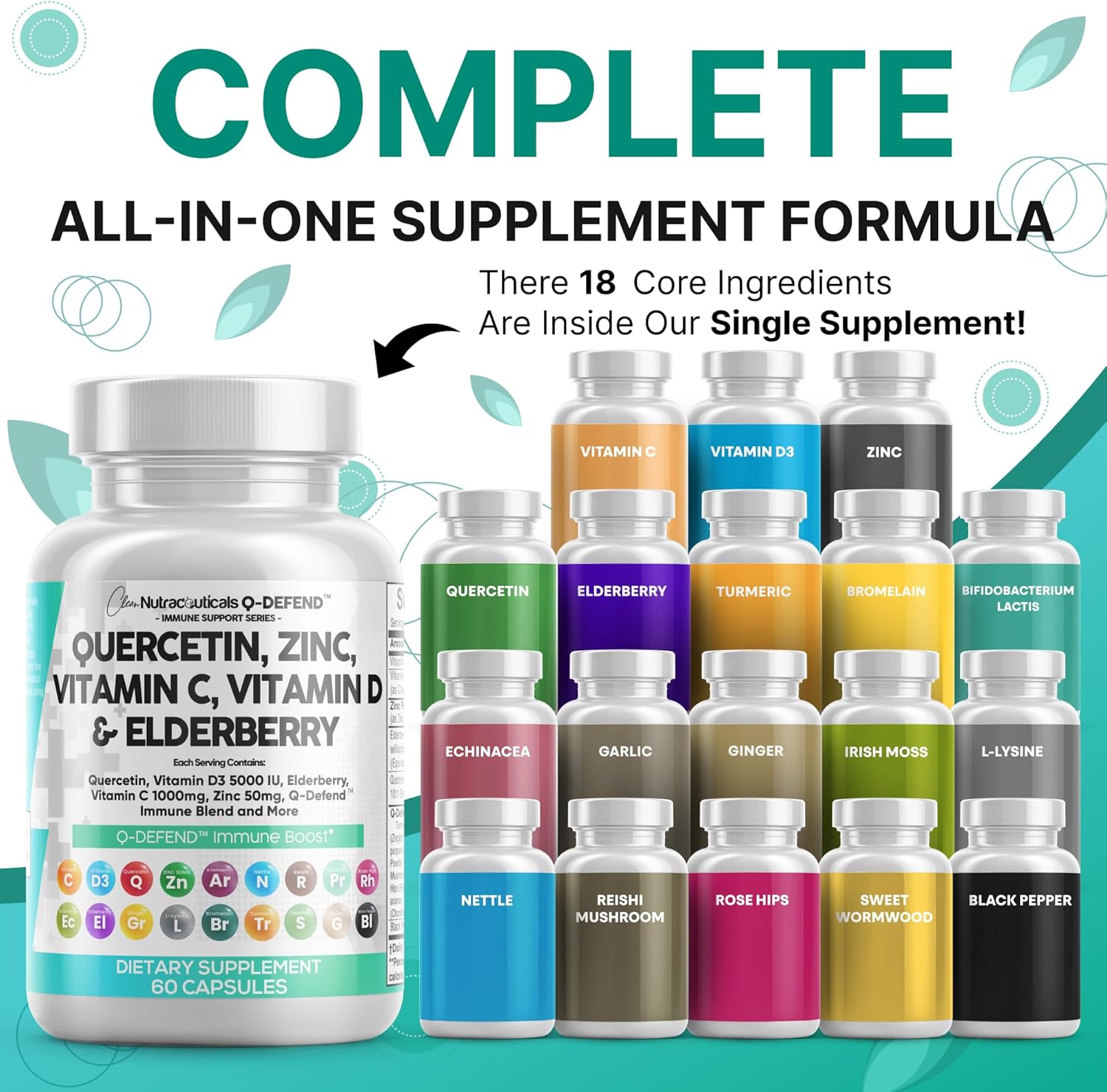 Clean Nutraceuticals Quercetin Zinc Vitamin C Vitamin D Bromelain Elderberry - Lung Immune Support Supplement Adults with Artemisinin, Sea Moss, Echinacea, Allergy Relief (60 Count (Pack of 5))