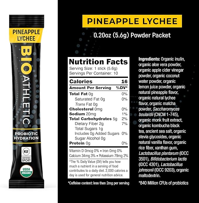 Probiotic + Electrolyte Hydration Drink Mix, with Vitamins D & B12, USDA Organic, NSF Certified for Sport, Subtle Pineapple Lychee Flavor, Naturally Light Taste, 10 Sticks