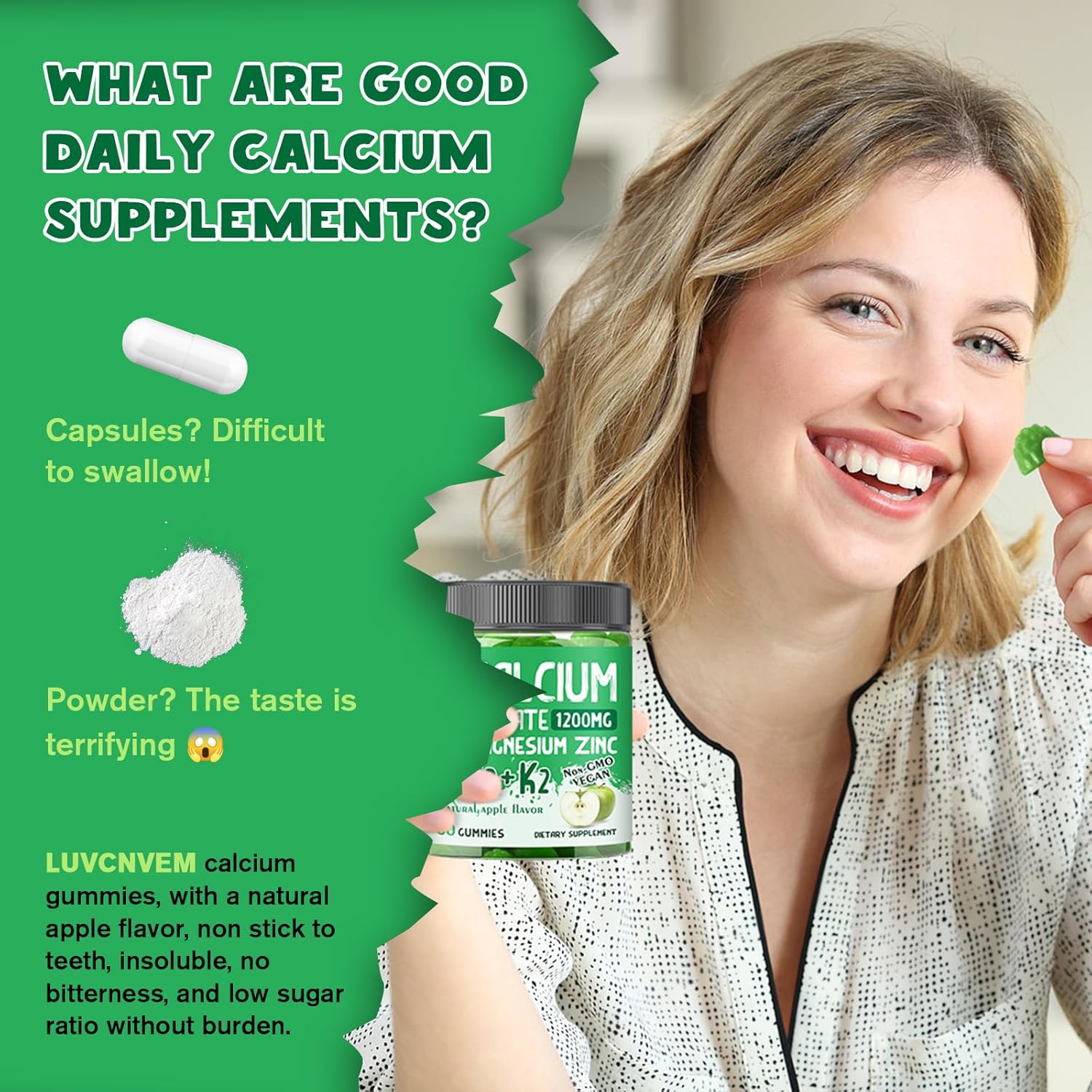 (2 Pack) Calcium Citrate 1200 mg with Vitamin D3 Gummies for Women & Men, Calcium Magnesium Zinc with Vitamin D3 K2 Supplement for Bone & Teeth Support, Natural Apple Flavor - 60 Day Vegan Supply
