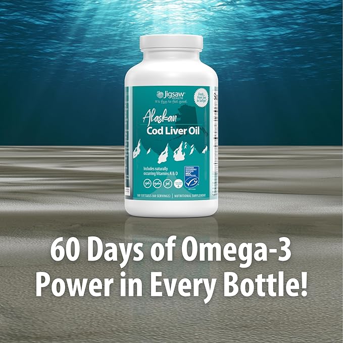 Jigsaw Health Alaskan Cod Liver Oil | 900 mg Omega-3s with EPA, DHA, and DPA | Includes Naturally Occuring Vitamins A & D | 180 Softgels | 60 Servings