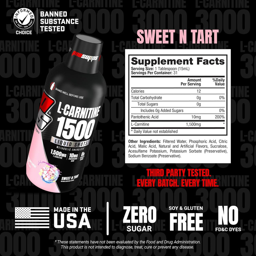PROSUPPS L-Carnitine Liquid 1500, Stimulant-Free Liquid Shots for Men & Women - Clean Workout Drink for Energy, Performance & Muscle Recovery - No Sugar, No Carbs - 31 Servings, Sweet N-Tart