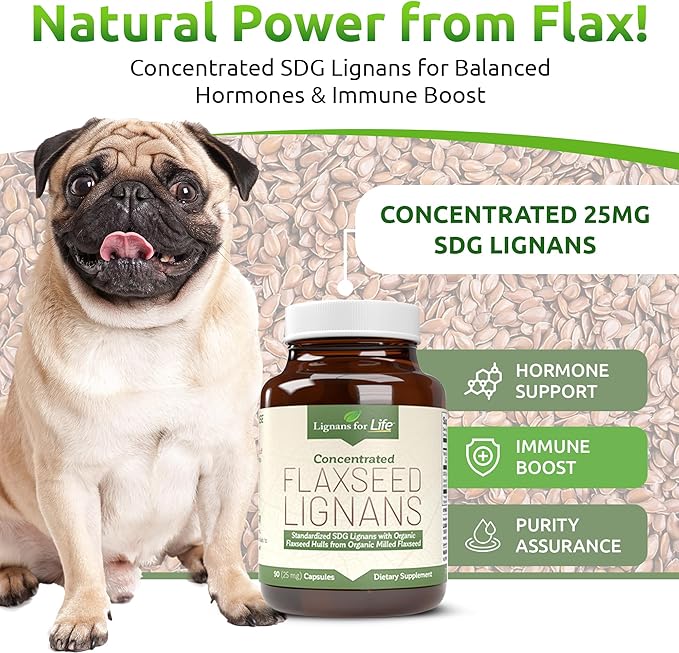 Lignans For Life Flaxseed and SDG - Omega 3 Fatty Acids, Fiber Antioxidants - Helps Improve Shiny Coat, Digestive and Heart Health, 25mg, 90 Capsules, 1 Pack
