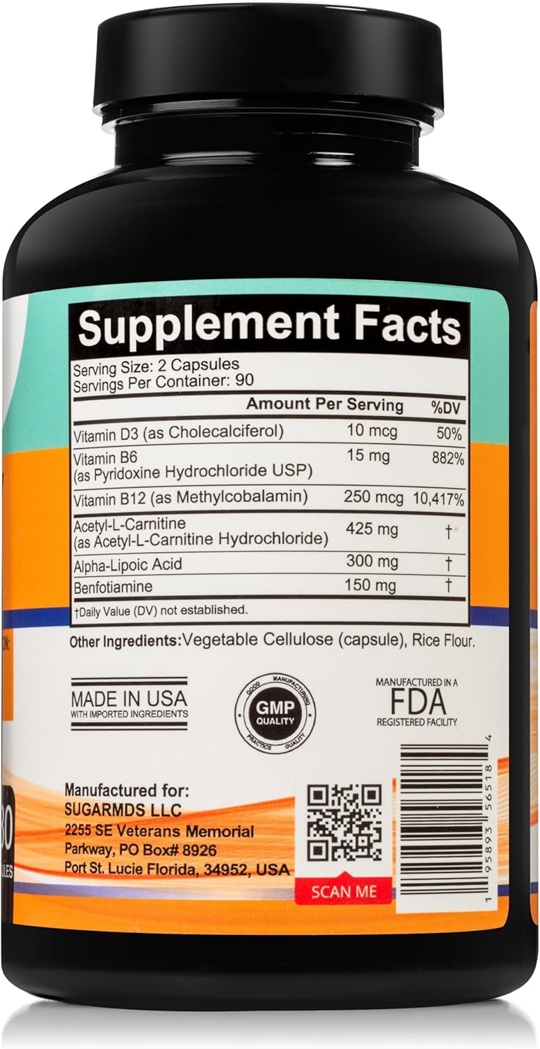 SugarMD Neuropathy Support Supplement – 180 Nerve Supplement Capsules with Alpha Lipoic Acid, Benfotiamine & Vitamin D3 B6 B12 - Nerve Support Supplement for Feet Hands Fingers & Legs - 90 Day Supply