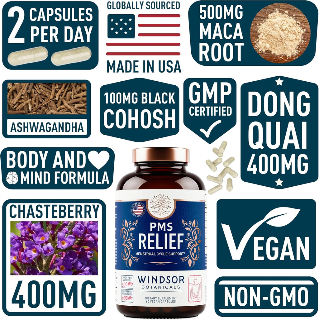 PMS Support Supplement for Women with Chasteberry, Maca Root, Ashwagandha - Period Relief, Bloating Relief for Women, Mood Support, Hormone Balance Herbal Supplements - 30 Day, 60 Vegan Capsules