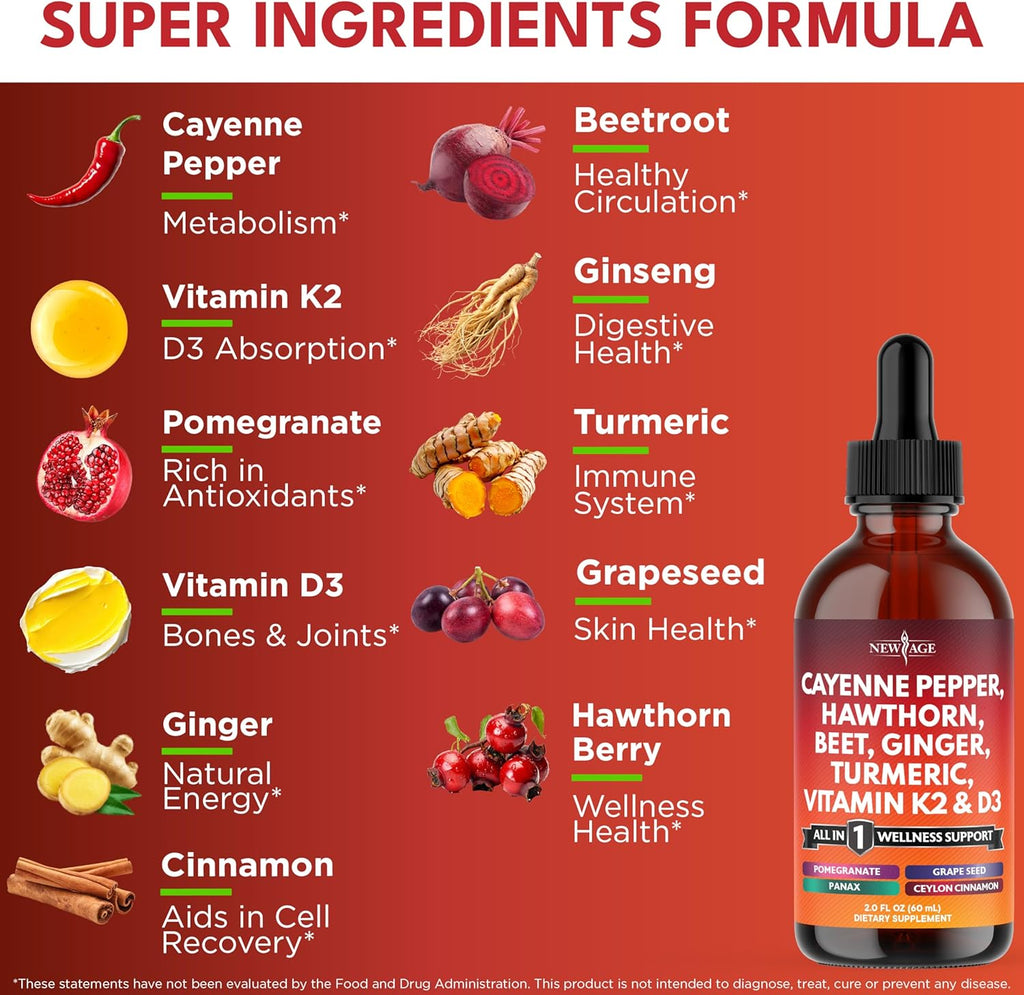 Cayenne Pepper Supplement Liquid Drops + Hawthorn Berry, Vitamin D3 K2 Beet Root Powder, Ceylon Cinnamon, Turmeric Curcumin, Organic Panax Ginseng - 4oz