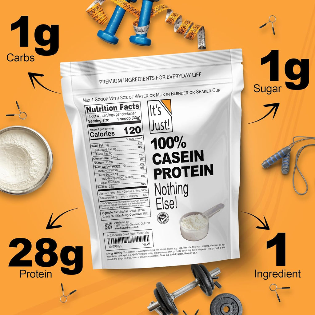 It's Just! - 100% Casein Protein Powder, Made in USA, One Ingredient, Slow Burning, Time Release, 6.9g BCAAs, 1g Carb, Non-GMO (Unflavored, 3lbs/48oz)