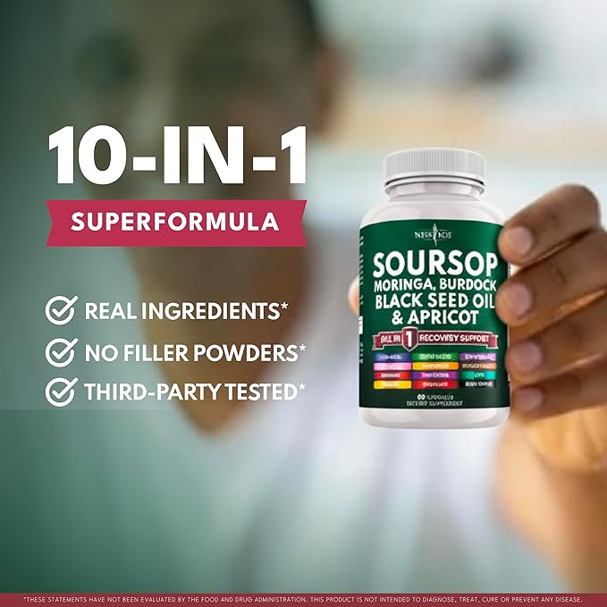 Soursop Supplement - Moringa, Sea Moss, Black Seed Oil, Berberine, Turmeric, Apricot, Quercetin, Greens, Bitters, Boswellia, Bitter Melon, Burdock Root - 120 Capsules