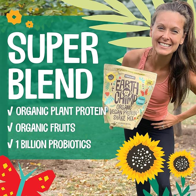 EarthChimp Organic Vegan Protein Powder - with Probiotics - Non GMO, Dairy Free, Non Whey, Plant Based Protein Powder for Women and Men, Gluten Free - 26 Servings 32 Oz (Chocolate) No Scoop