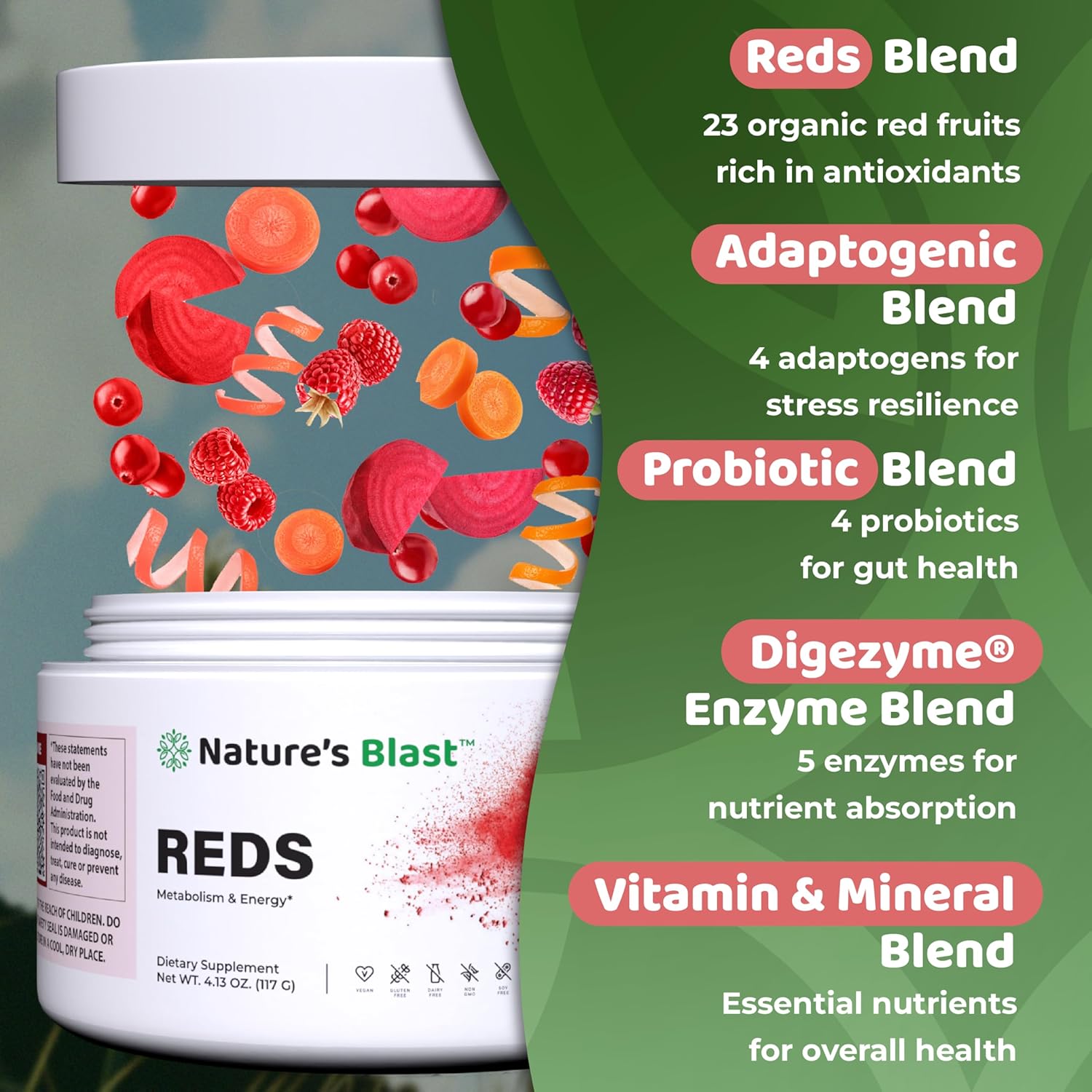 Reds - Metabolism and Energy Superfood Powder with 23 Red Fruits, 4 Adaptogens, Probiotics & Enzymes - Vegan Antioxidant Blend, 1 Bottle
