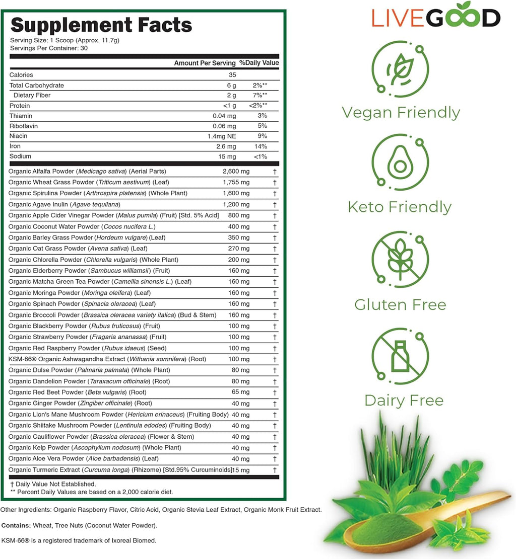 LIVEGOOD™ Organic Super Greens with Wheat, Barley, Oat Grass, Matcha Green Tea, Aloe Vera, Vegan, Gluten Free, 7.2 oz.