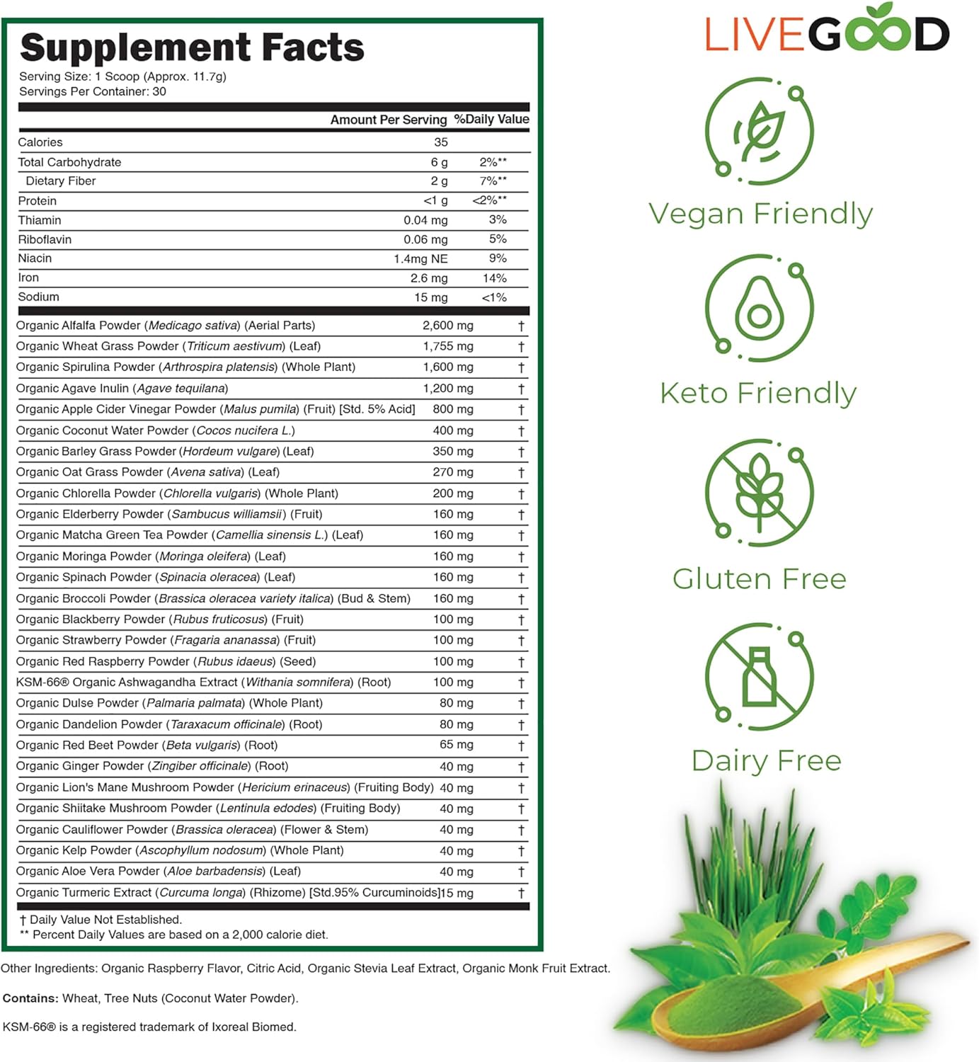 LIVEGOOD™ Organic Super Greens with Wheat, Barley, Oat Grass, Matcha Green Tea, Aloe Vera, Vegan, Gluten Free, 7.2 oz.