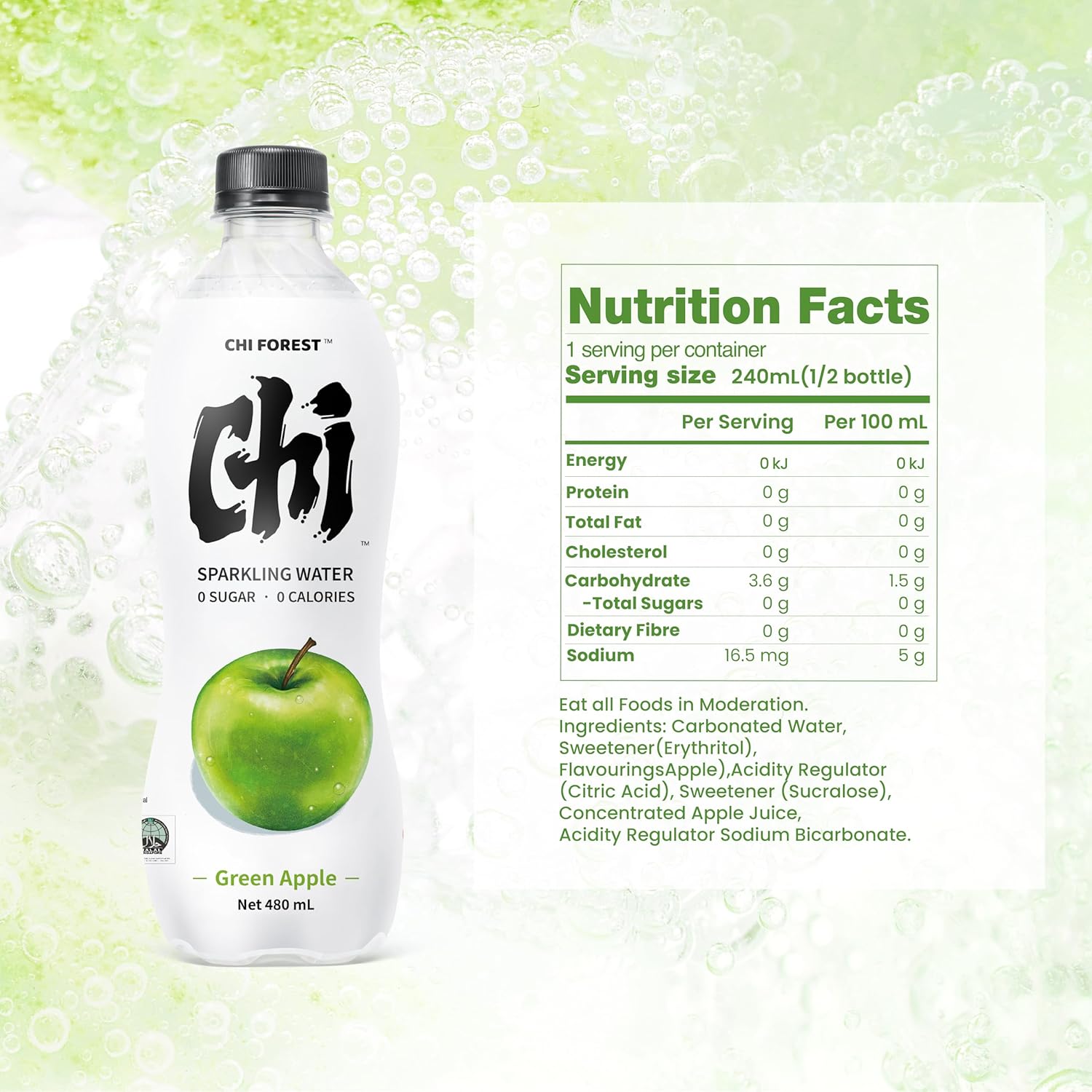 CHI FOREST Flavored Sparkling Water Beverage, Green Apple, Zero Sugar, 16.2 fl oz Bottles (pack of 15)