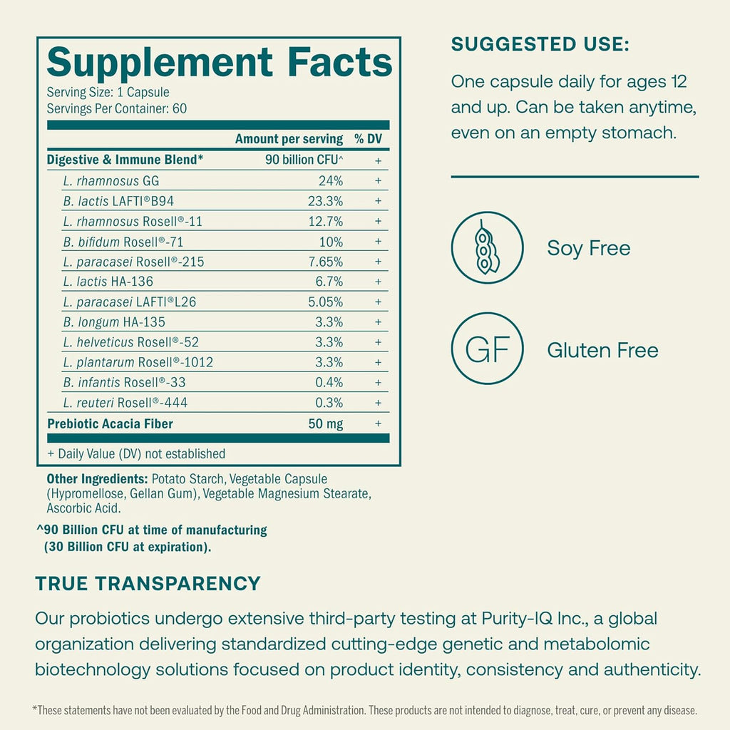 True Grace One Daily Probiotic - 60 Vegetarian Capsules - 90 Billion CFU - Gut, Digestive & Immune Health Support Blend with Prebiotic Fiber - Gluten & Soy Free - 60 Servings