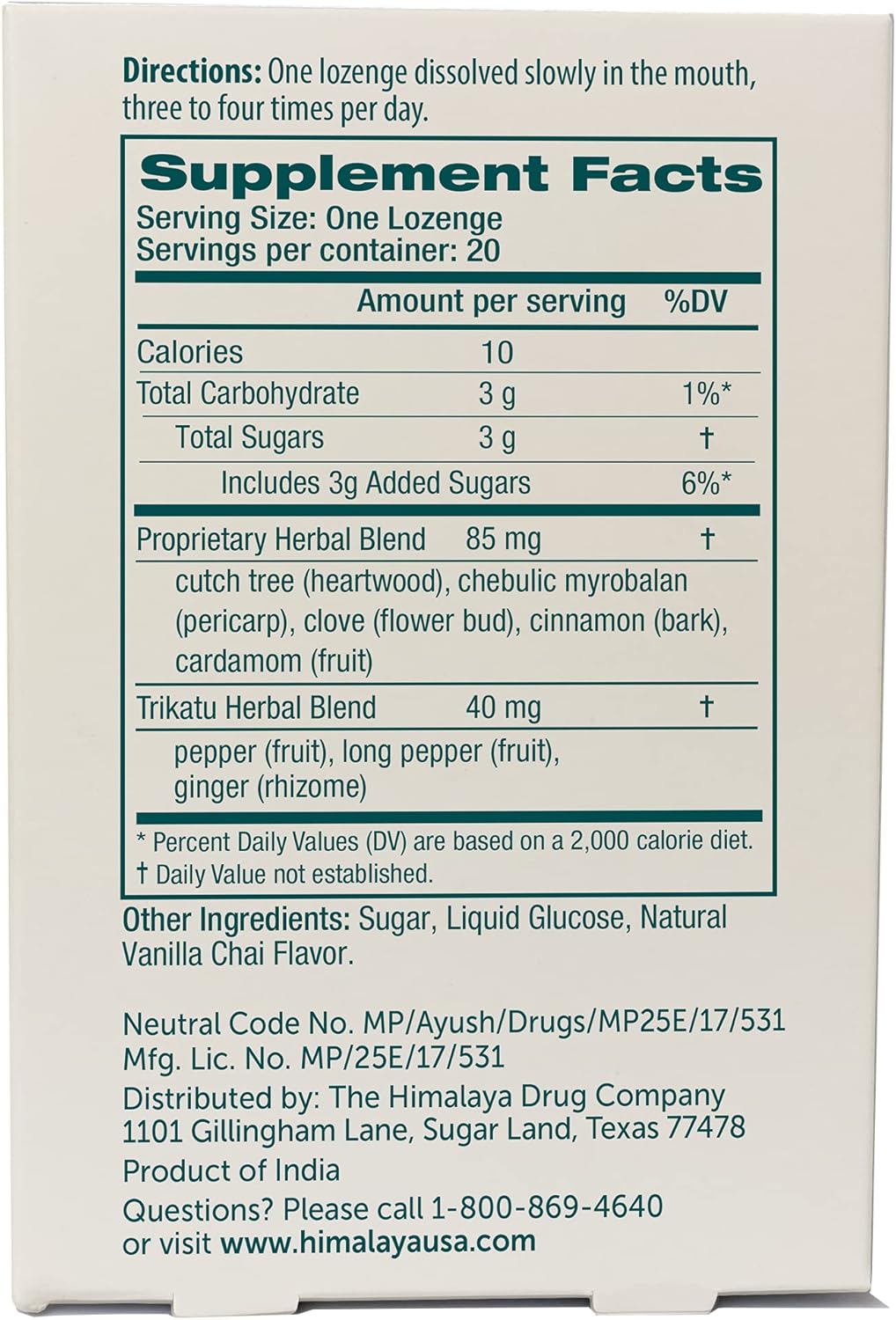 Himalaya Koflet Lozenges, Vanilla Chai Flavor, Natural Herbal Cough Drop for Warming Relief and Soothing Comfort, 130 mg, 20 Lozenge